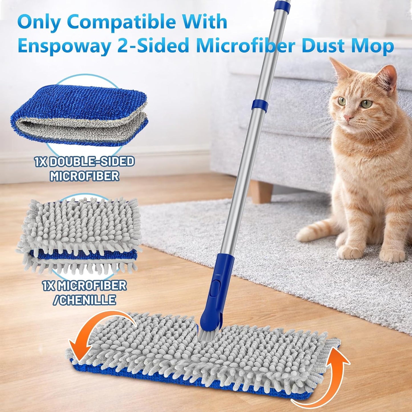 2-Sided Microfiber Dust Mop: Dry Flat Wall Mop for Hardwood Floors with 3 Reusable Pads Reversible Head for Apartment Kitchen Tile Laminate Pet Hair Cleaning