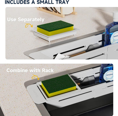 NiHome Extendable Over Sink Kitchen Organizer, Small Telescopic Brush Storage Rack for Sponge, Non-Slip Pads Expandable Sink Caddy, Adjustable Sponge/Brush Rack with Drainage Durable ABS (Black)