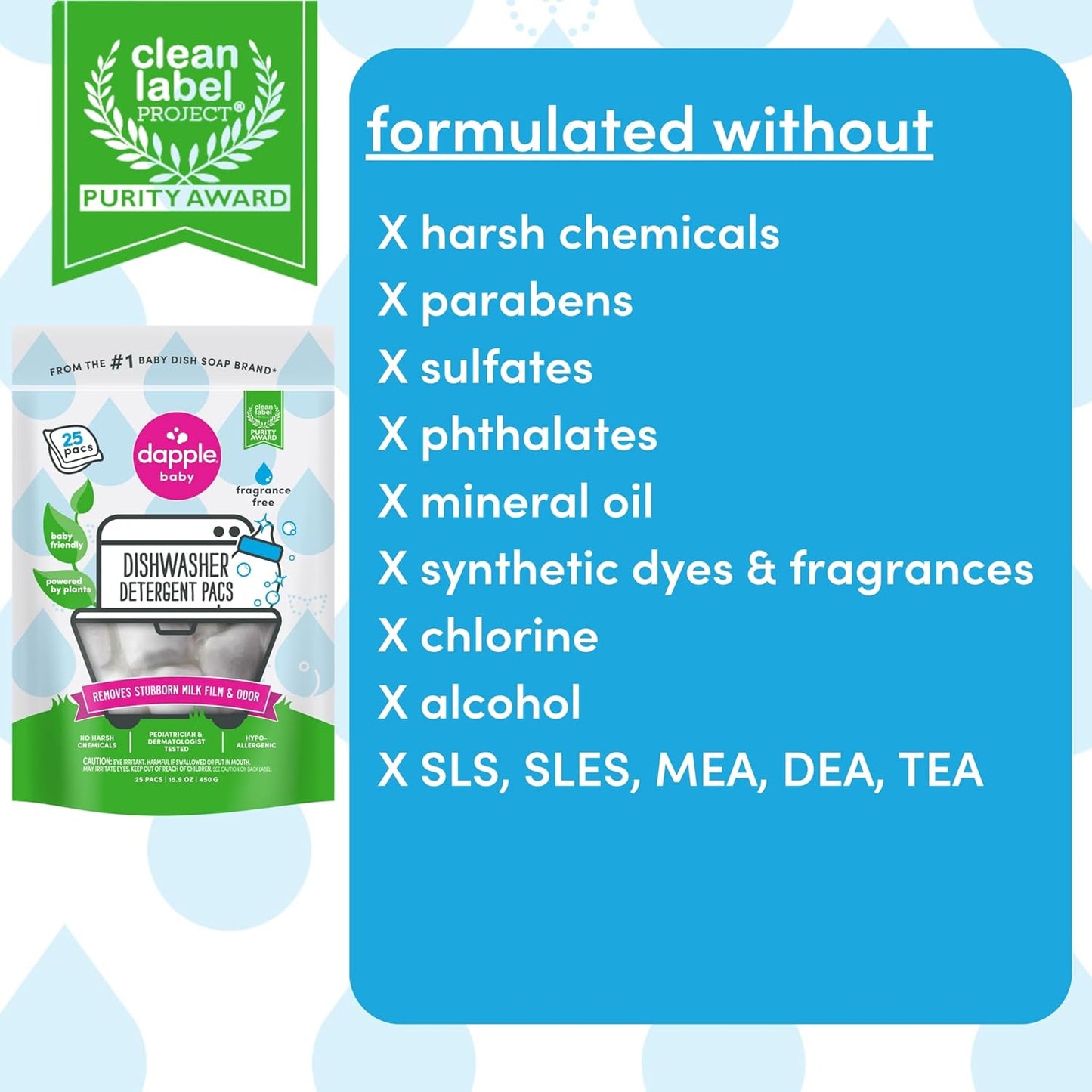 Dapple Baby Dishwasher Detergent Pods - 25 Count - Fragrance-Free, Hypoallergenic & Plant-Powered Dishwasher Pacs - Removes Milk Residue From Baby Bottles