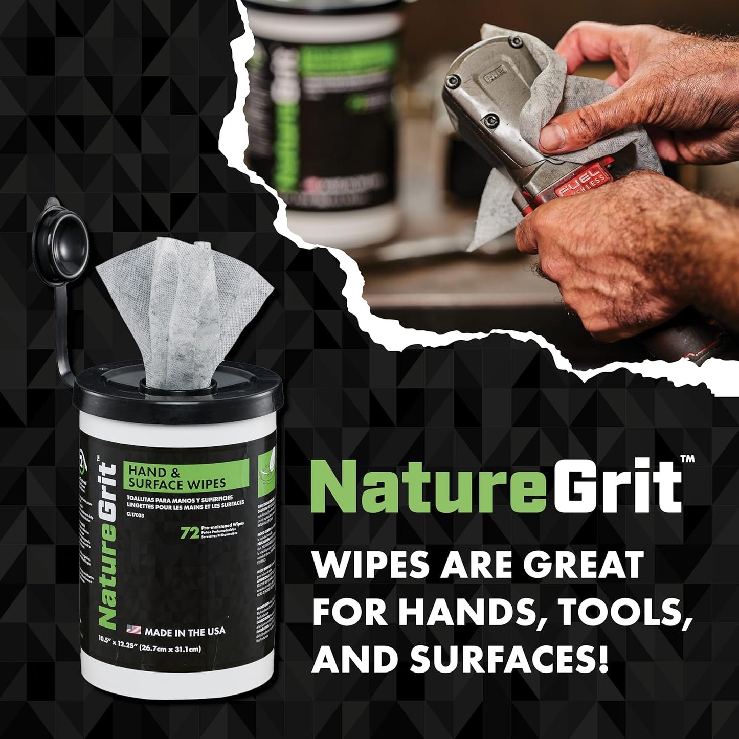 NatureGrit Hand & Surface Wipes: Mechanic Cleaning & Degreaser Sheets, Grime Removal, Hand Cleaner Towels for Mechanics, Workshop Use (Box of 6 canisters, 72ct/canister)