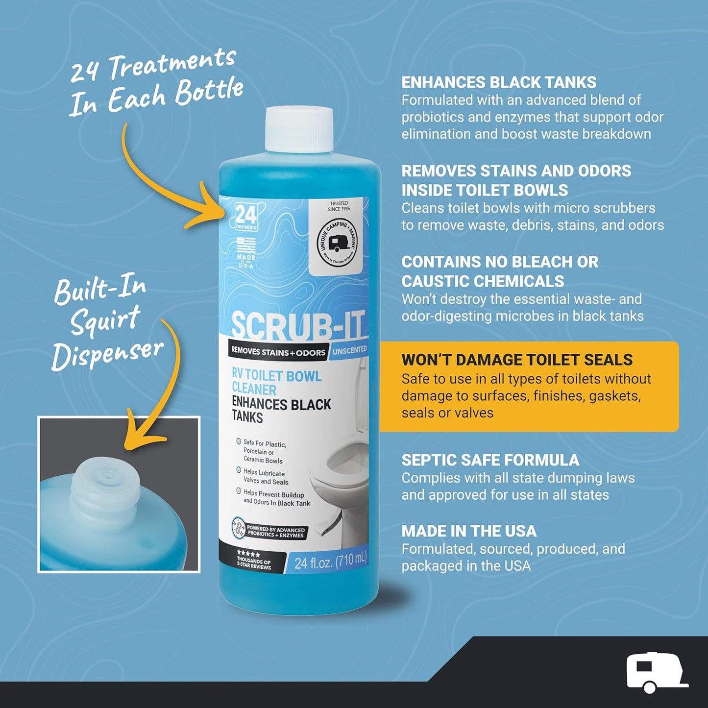 Unique Scrub-It RV Toilet Bowl Cleaner Liquid – RV Toilet Cleaner for Rimless RV Toilets, Squirt Top, Removes Stains & Odors (24 oz) Amazon Exclusive Packaging