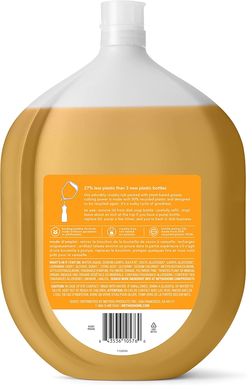 Method Gel Dish Soap, Clementine Scent, Tough on Grease & Stuck-on Food, Cruelty Free Formula, Made with Recycled Plastic, 18 Fl Oz