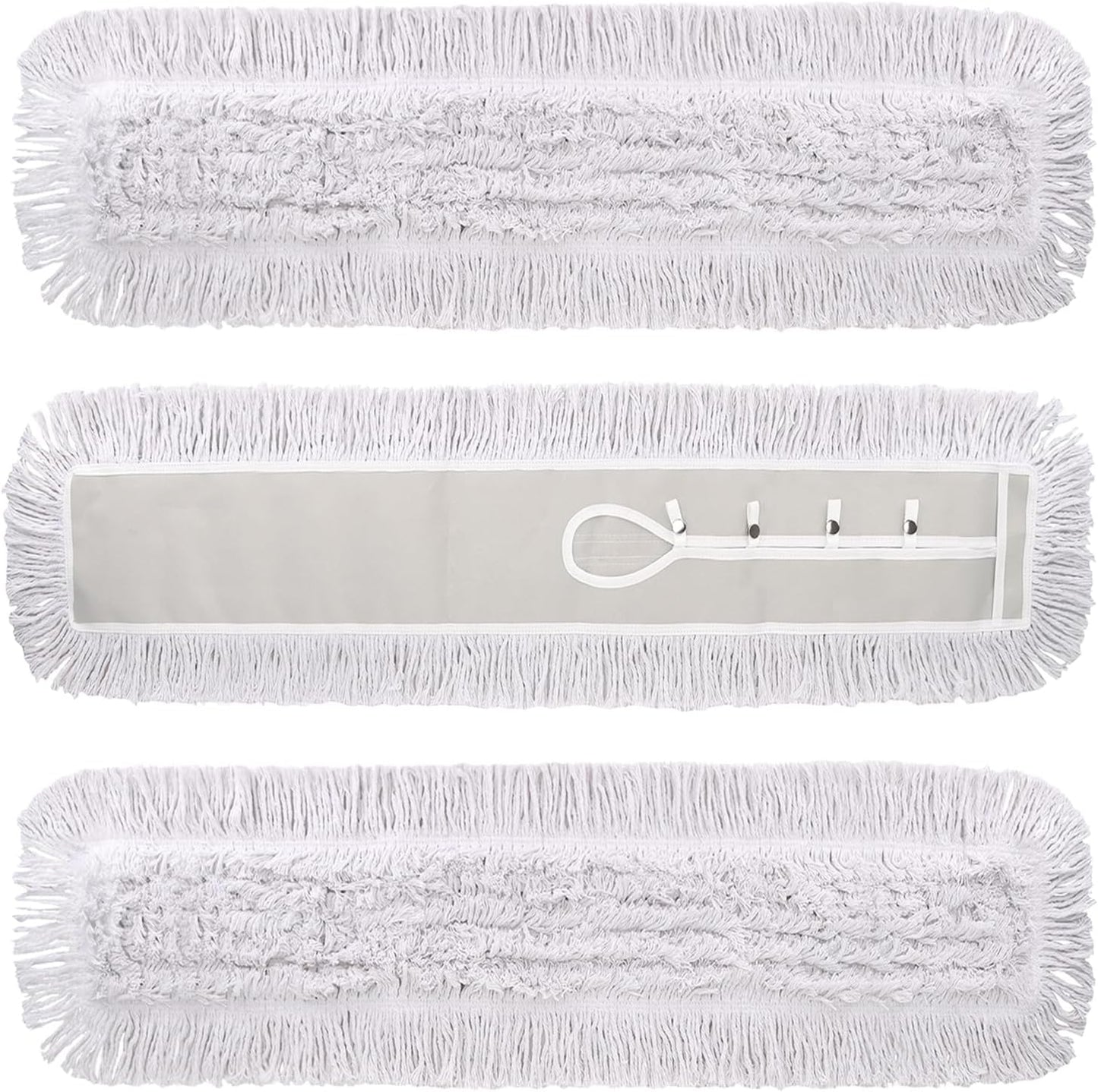 36 Inch Dust Mop Head: Replacement Medium Washable Commercial Mop Head Sweeper and Janitorial Replacement with Botton (White - 36 Inch, 3 Pack, Botton)