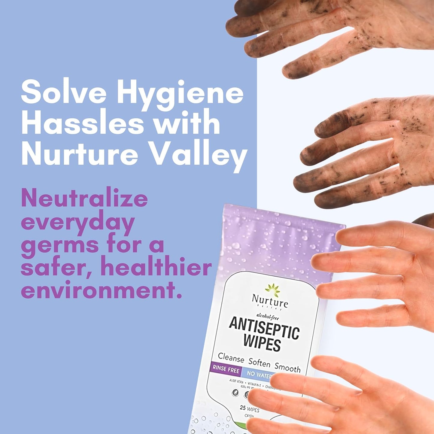 XL Individually Wrapped Nurture Antibacterial Body & Hand Wipes | Alcohol-Free Antiseptic Wet Disinfecting Towelettes for Germ Removal, Sanitizing Hands |Cleaning Cloths| Adults & Baby| Thick & Strong