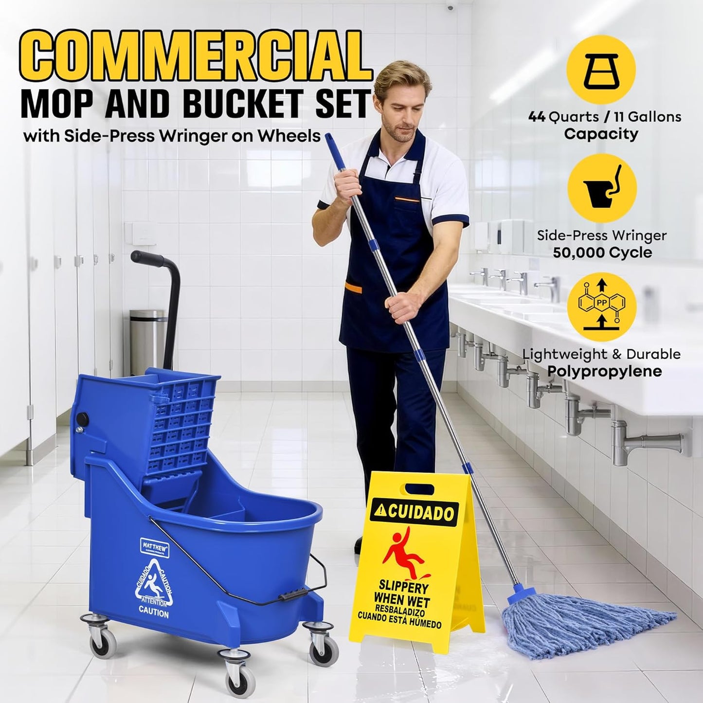 Matthew Cleaning 34 Quart Commercial Mop Bucket INCL.Wet String Mop with Side Press Wringer On Wheels,Heavy Duty Tandem Portable Floor Cleaning Wavebrake,Ideal for Household,Industrial,Restaurant