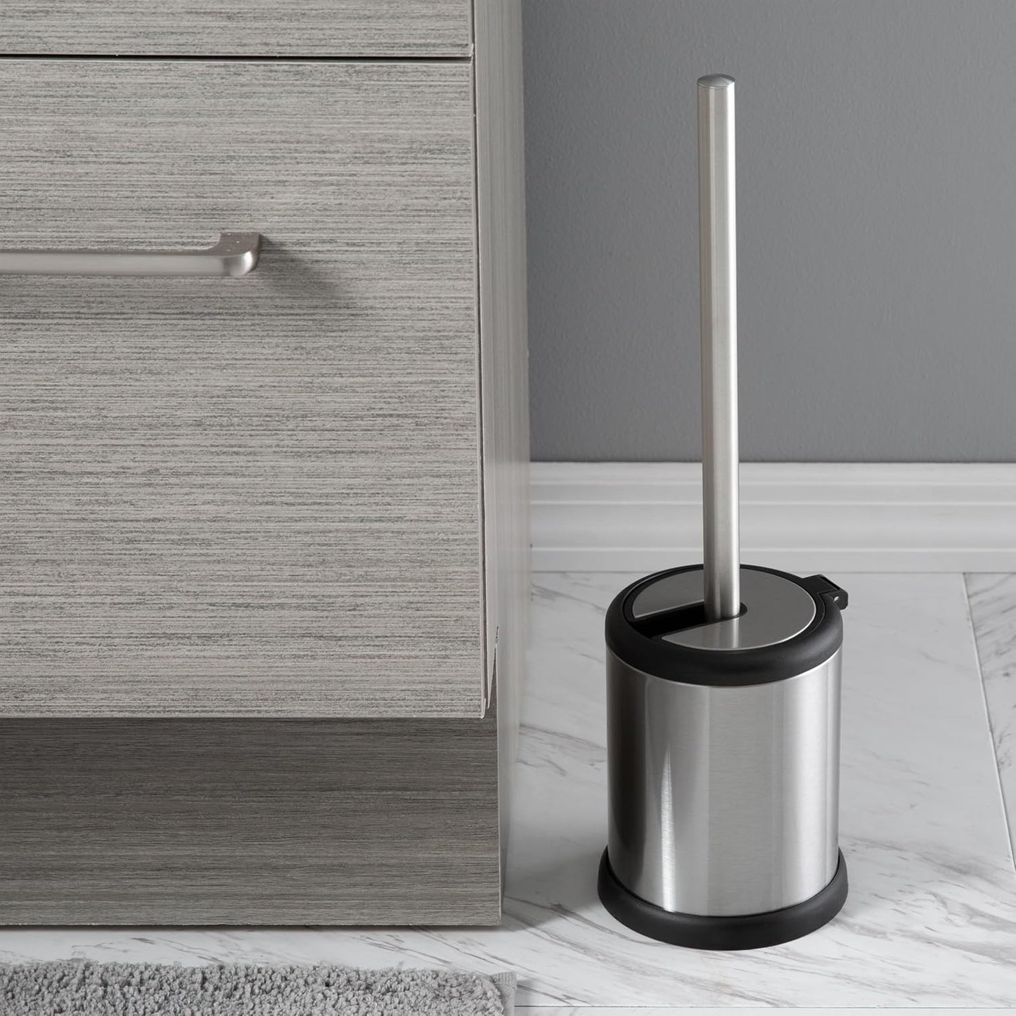 Bath Bliss Toilet Brush and Holder | Self Closing Lid | 360 Degree Brush Head | Bathroom Cleaning | Compact Size | Storage and Organization | Stainless Steel