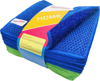 12-Pack Reusable, Scrub Dish Cloth –Non-Scratch Microfiber Scrubber, Planet-Friendly, Easy Rinsing, Quick Dry, Dishwasher Safe Cloth for Kitchen & Household, 6 x 6 Inch, Blue & Green Assorted
