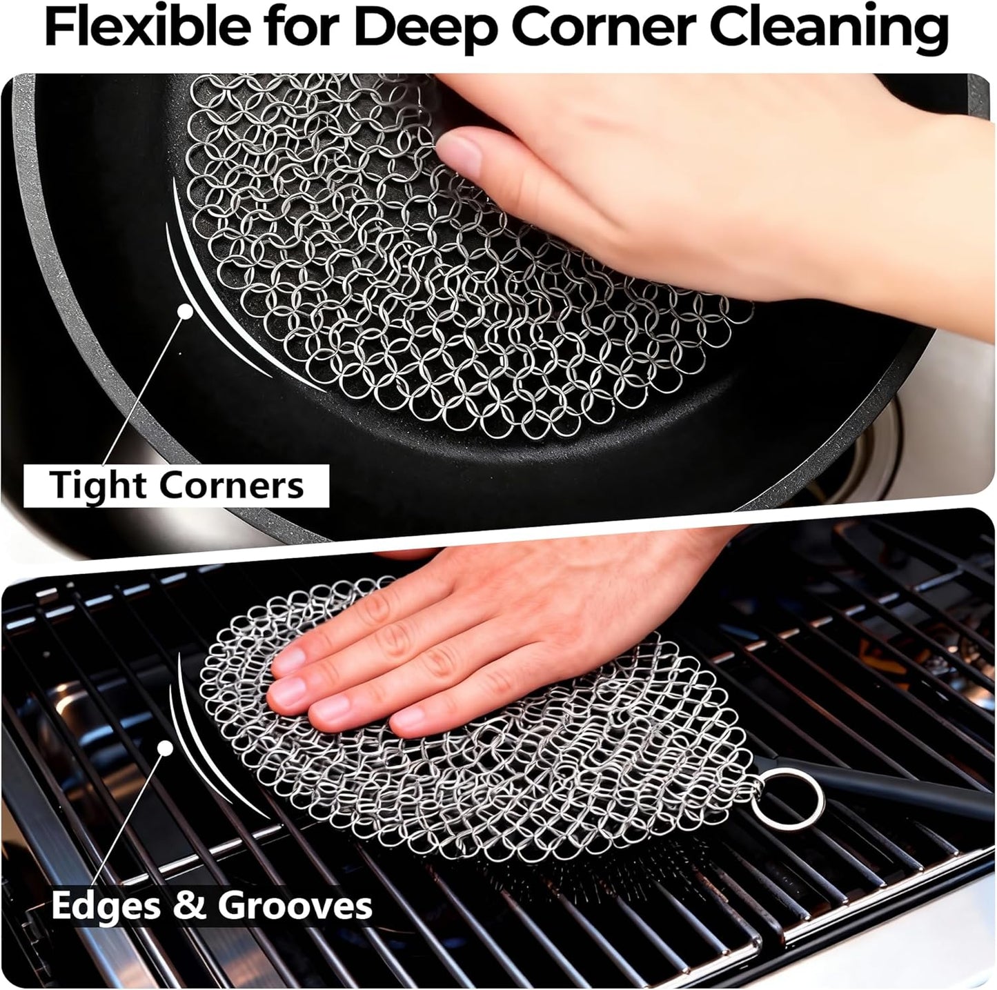 Amagabeli Cast Iron Cleaner 8"x6" Premium Stainless Steel Chainmail Scrubber Cast Iron Skillet Cleaner for Pan Pot Wok Griddles BBQ Grills Cast Iron Cleaning