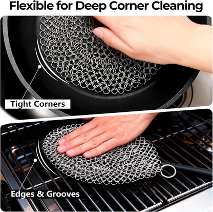 Amagabeli Cast Iron Cleaner 8"x6" Premium Stainless Steel Chainmail Scrubber Cast Iron Skillet Cleaner for Pan Pot Wok Griddles BBQ Grills Cast Iron Cleaning