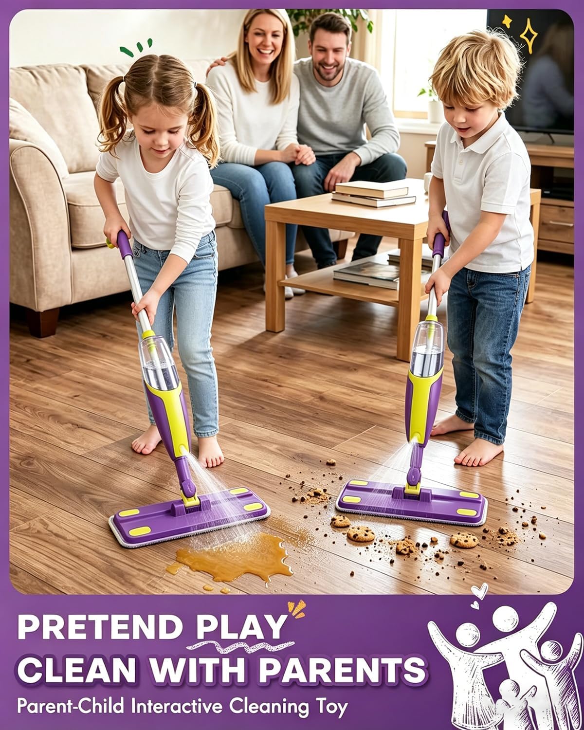 Kids Spray Mop Toddler Cleaning Set with Realistic Spray Bottle 2 Washable Pads and Scraper Montessori Pretend Play Housekeeping Toy for Boys Girls Age 1-3