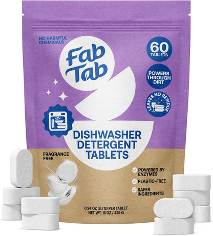 Fab Tab 100% Plastic-Free Dishwasher Detergent Tablets, Clean Ingredients, Fragrance Free, No Residue, Powerful Enzyme-Based Dishwasher Pods, 60 Count.