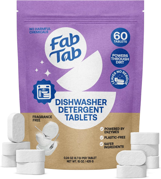 Fab Tab 100% Plastic-Free Dishwasher Detergent Tablets, Clean Ingredients, Fragrance Free, No Residue, Powerful Enzyme-Based Dishwasher Pods, 60 Count.