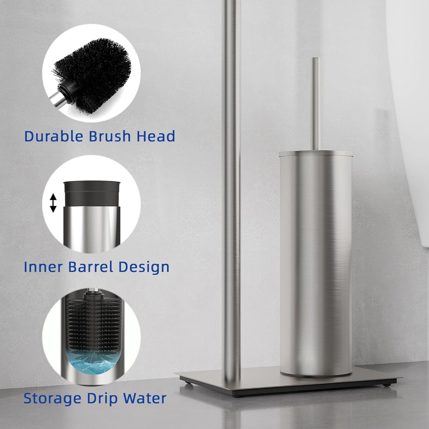 RUACQ Toilet Paper Holder Stand with Toilet Brush and Holder Set, 304 Stainless Steel Bathroom Toilet Tissue Paper Roll Holder Free Standing, Weighted Base, Heavy Duty (Matte Black)