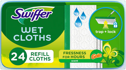 Swiffer Sweep + Mop, Wet Pads Refill, Floor Cleaner for Dirt, Dust, Hair, Cleaning Cloths for Mopping Home, Bathroom, Kitchen, All Purpose Multi-Surface Floor Wipes, Gain, 24ct