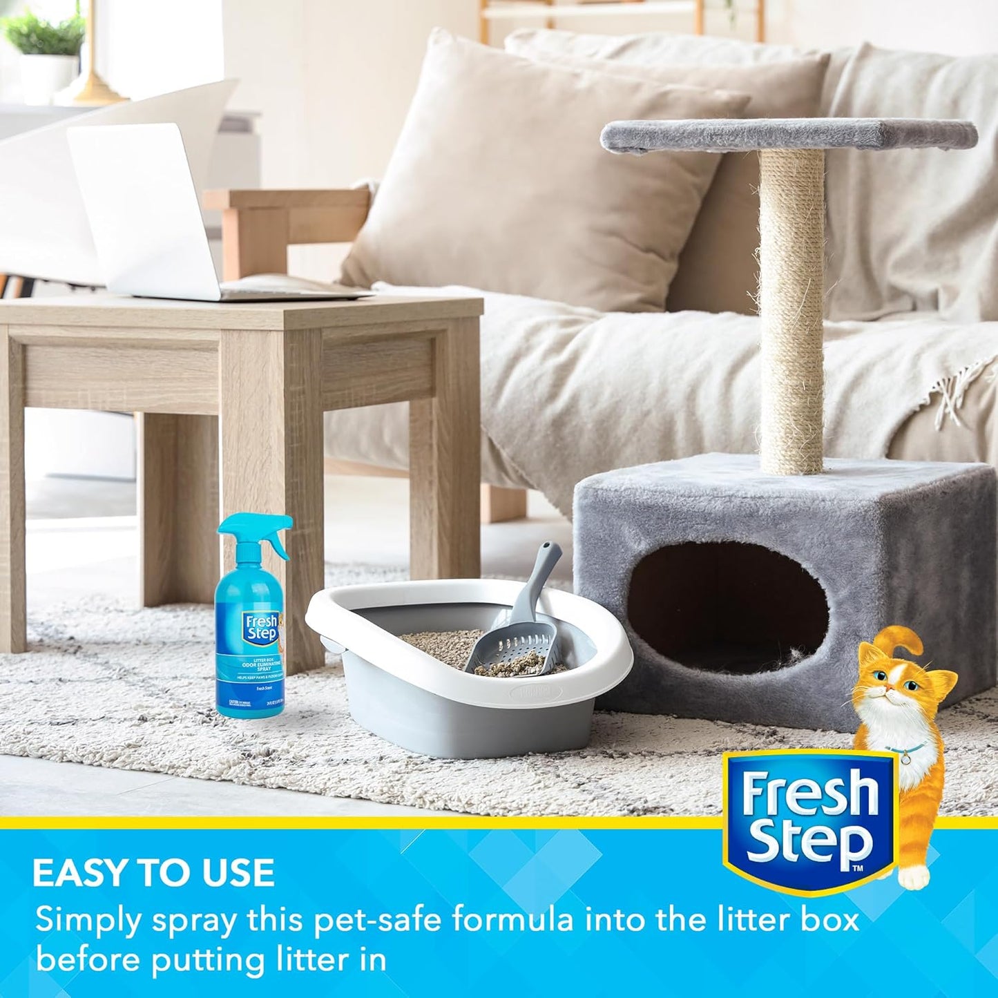 Fresh Step Cat Litter Box Odor Eliminating Spray, Cat Deodorizer that Neutralizes Cat Urine and Feces Smell on Contact, Pet-Safe and Clump-Free, Compatible with All Litter Types, 24 Fl Oz