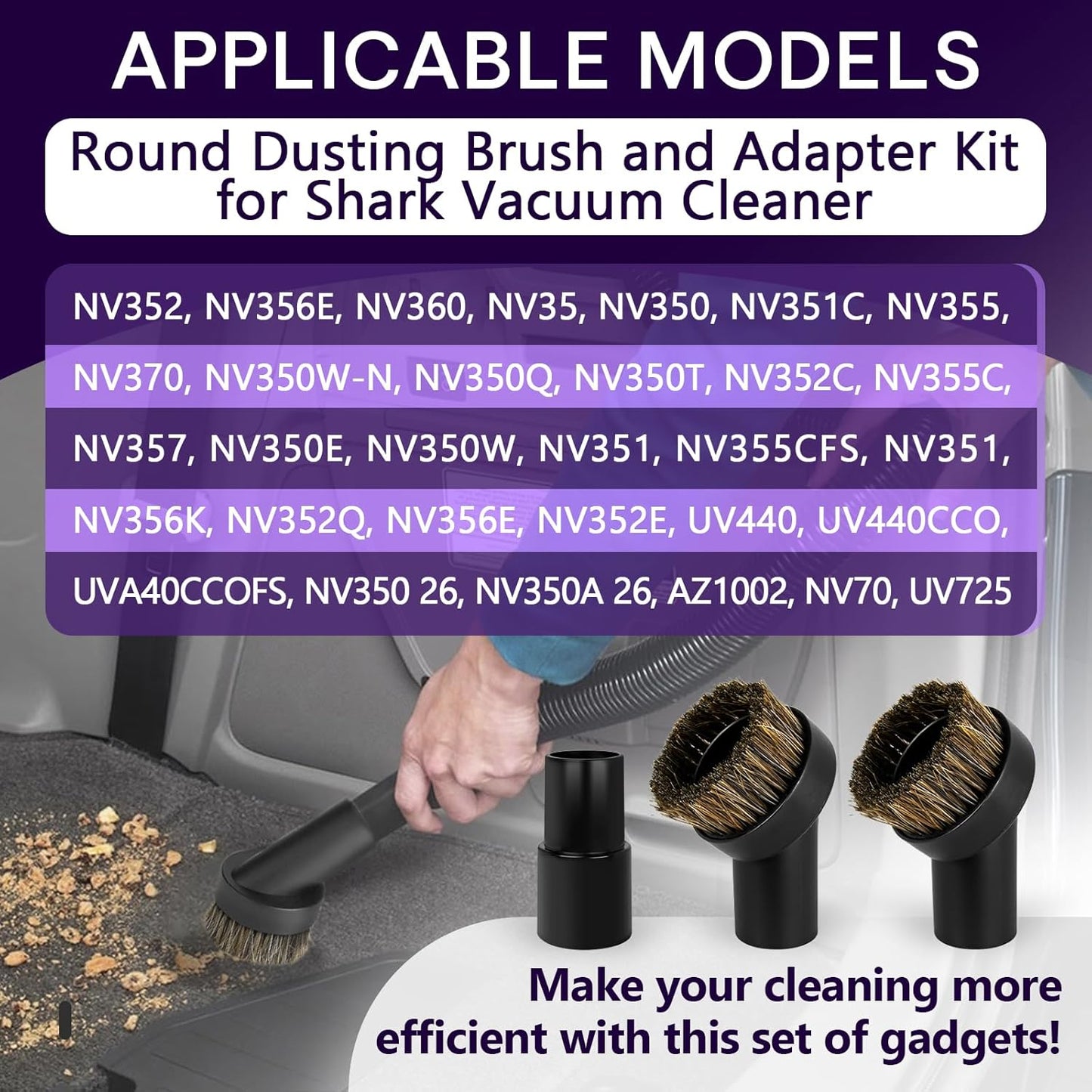 3PCS Horse Hair Brush Vacuum Attachment Set - Black Round Horse Hair Vacuum Attachments & Brushes - Shop Vac Brush Attachment for Most Vacuum Cleaners Accessories - 1 1/4" Vacuum Attachments Included