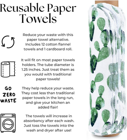 The Useless Brand Reusable Paper Towels Roll | 12 Eco Friendly Washable Cotton Flannel Towels w/Cardboard Roll | Zero Waste & Sustainable | Fits on Most Holders (Lemons, 12 Pack)