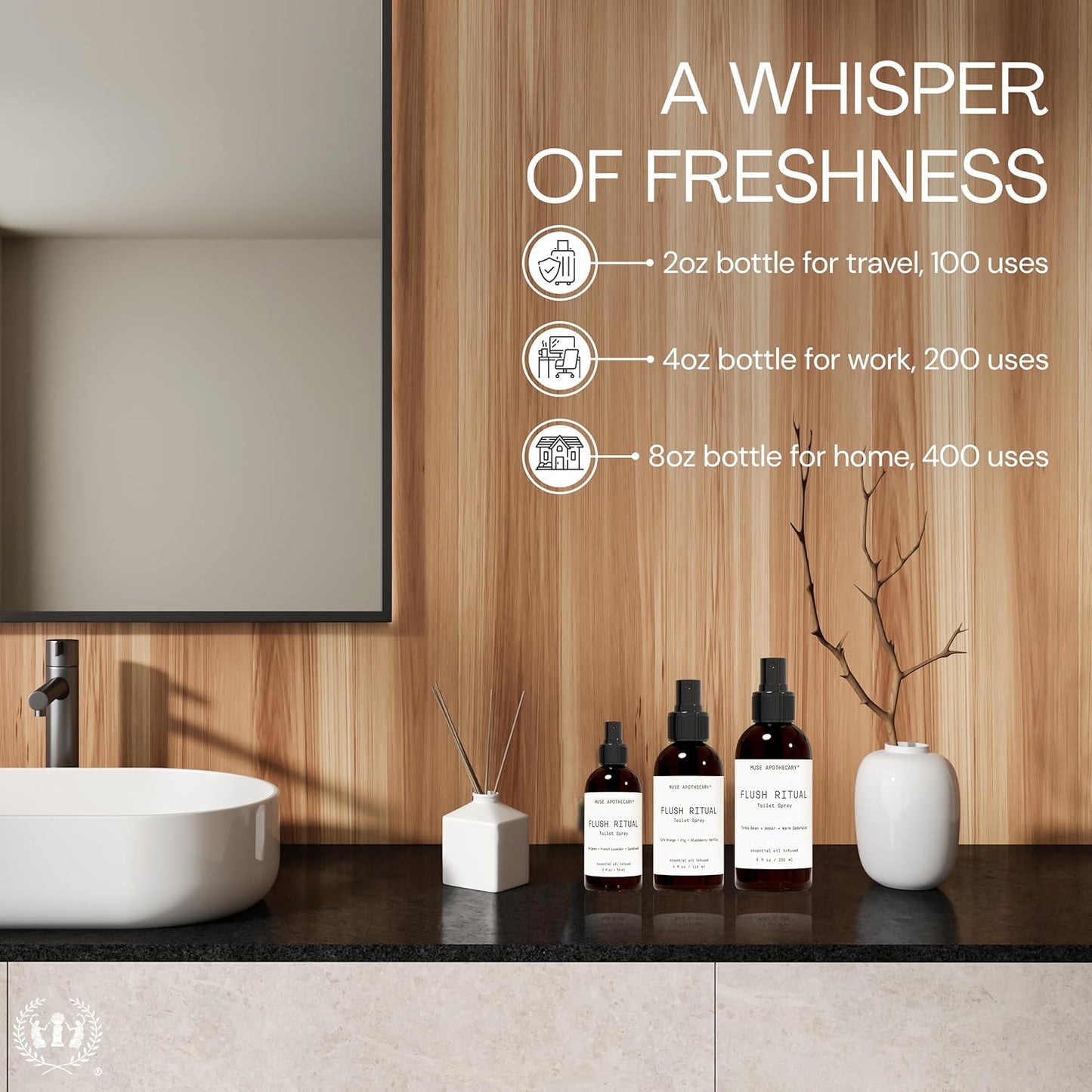 Muse Apothecary Flush Ritual - Aromatic & Refreshing Toilet Spray, Use Before You Go, 4 oz, Infused with Natural Essential Oils - Coconut + Sandalwood