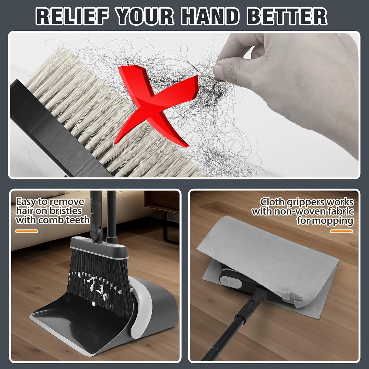 JEHONN Broom and Dust Pan, 54.3 inches Long Handle Swivel Brush, Upright Foldable Dustpan with Comb Teeth for Home Kitchen Lobby Indoor Floor Cleaning (Black & Yellow)