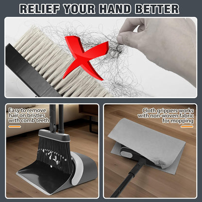 JEHONN Broom and Dust Pan, 54.3 inches Long Handle Swivel Brush, Upright Foldable Dustpan with Comb Teeth for Home Kitchen Lobby Indoor Floor Cleaning (Black & Yellow)