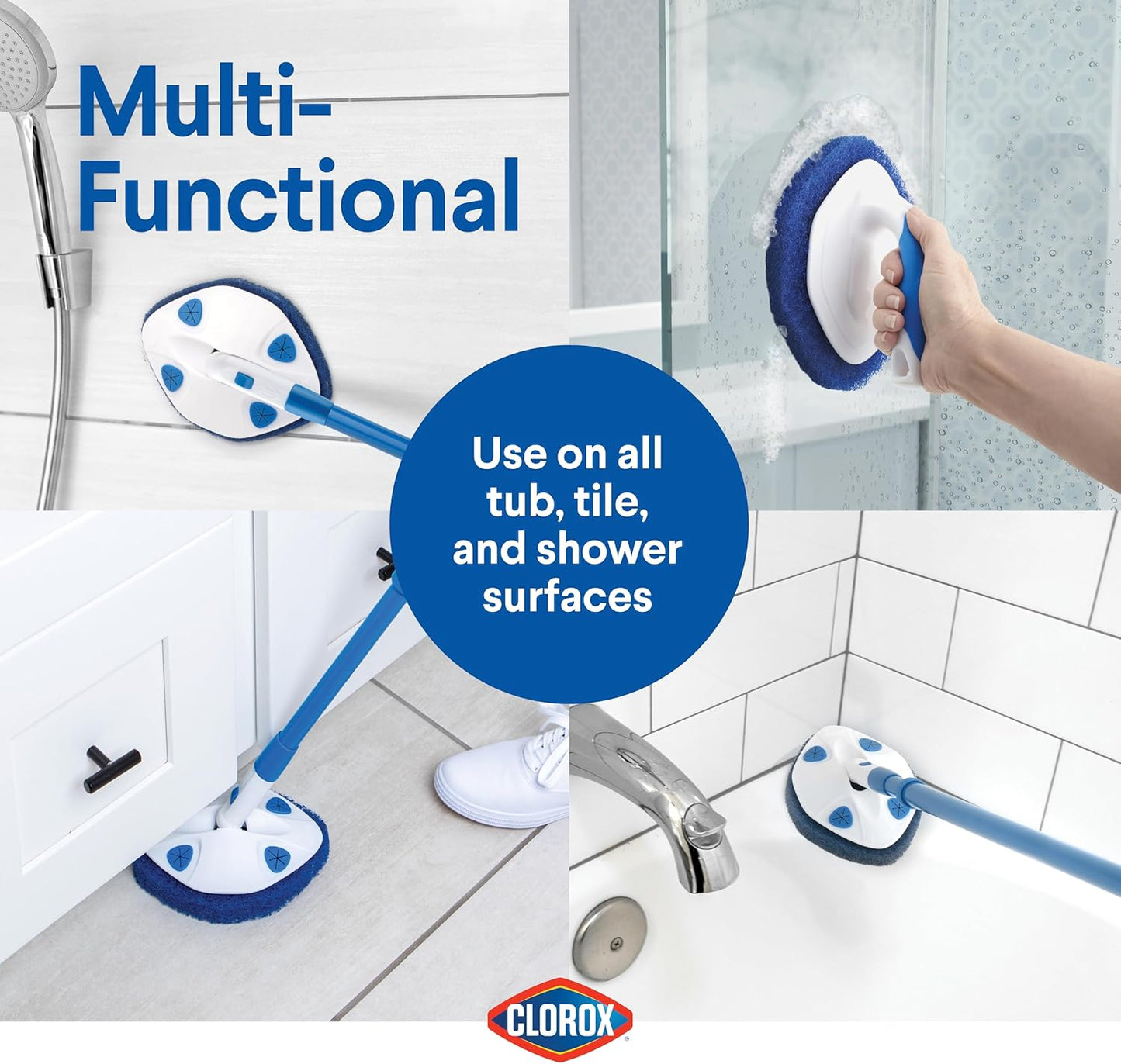 Clorox Extendable Tub & Tile Scrubber Refill, Diamond-Shaped Head Replacement Scrubber Pad, Blue