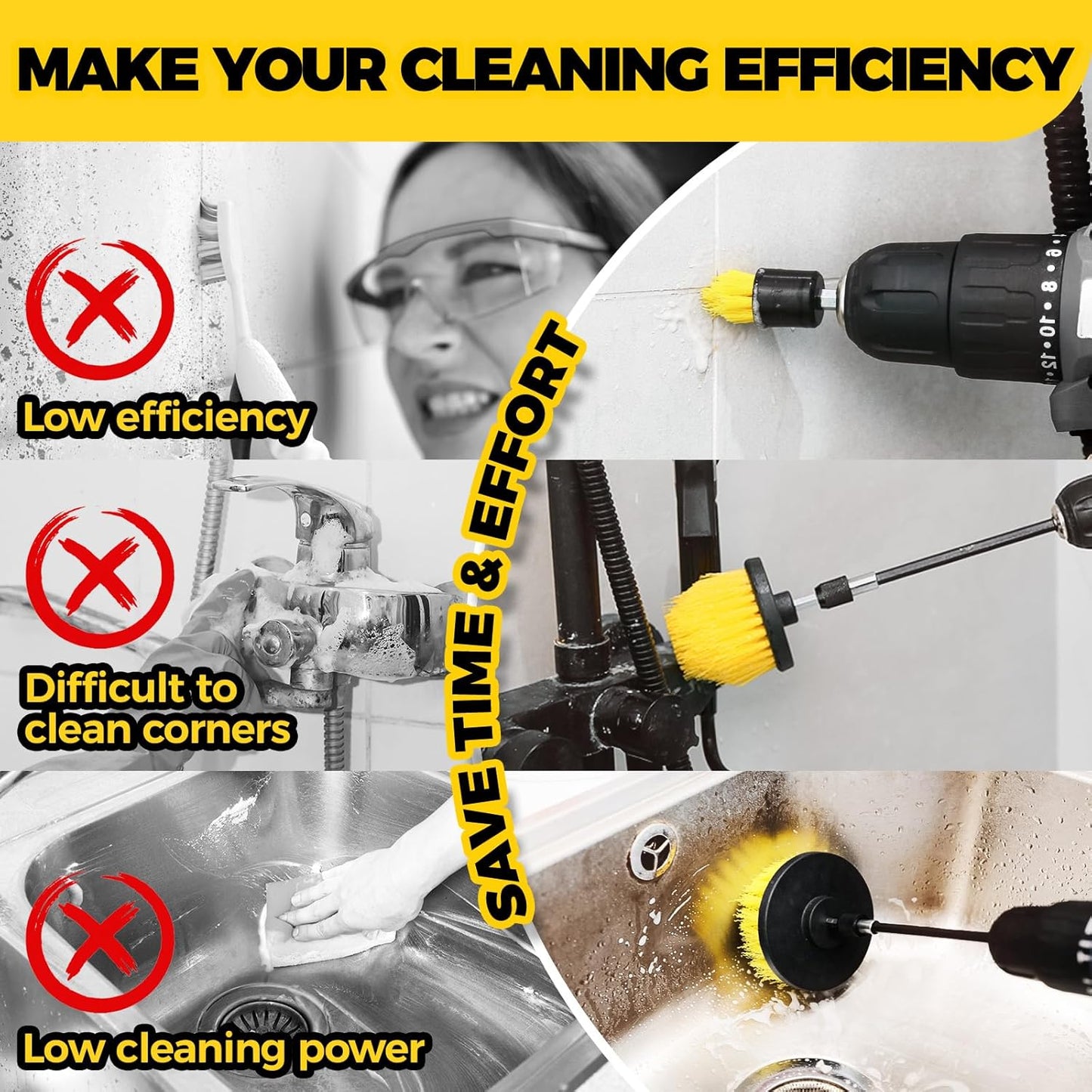 Holikme 4 Pack Drill Brush Attachments Set, Power Scrubber with Extend Long Attachment，Cleaning Supplies for Bathtub, Shower, Grout, Tile(Yellow)