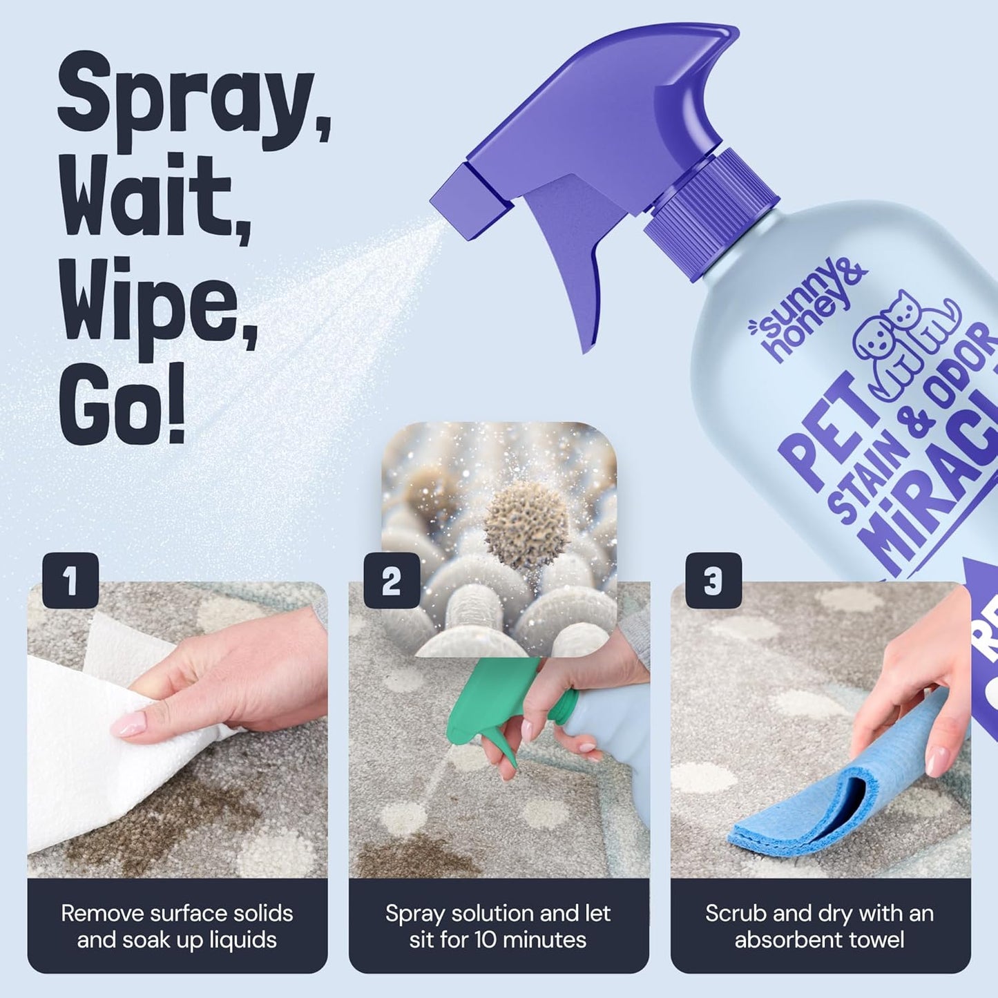 Sunny & Honey Pet Stain and Odor Remover - Enzyme Cleaner for Dog Urine and Poop on Carpets and Furniture - Strong Pet Carpet Cleaner Spray (32fl oz Mint)