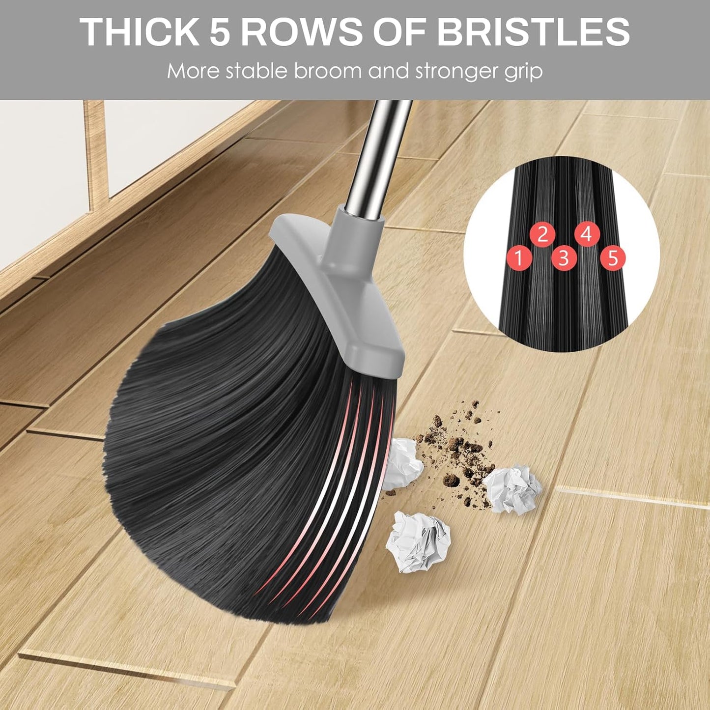 Broom and Dustpan Set for Home, 51-in Long Adjustable Handle Angle Broom and Dustpan Combo Set with Dust Pan Teeth to Clean Hair for Home Kitchen Office Lobby Floor Garden (Black&White)