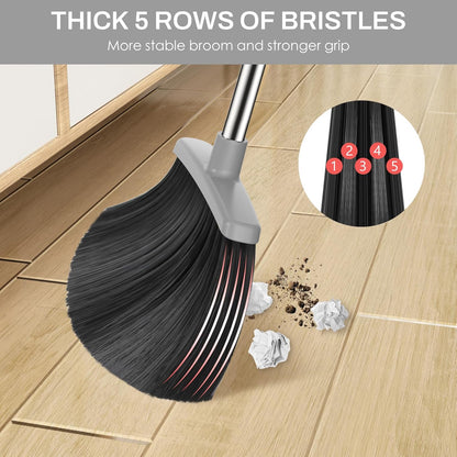 Broom and Dustpan Set for Home, 51-in Long Adjustable Handle Angle Broom and Dustpan Combo Set with Dust Pan Teeth to Clean Hair for Home Kitchen Office Lobby Floor Garden (Black&White)