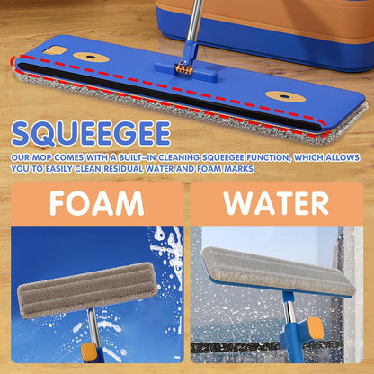 Self Wringing Microfiber Flat Mop and Bucket System with 16.5" Large Head and 55" Long Handle for Floor Wall Cleaning, 5 Microfiber Pads and Foldable Bucket, Wet and Dry