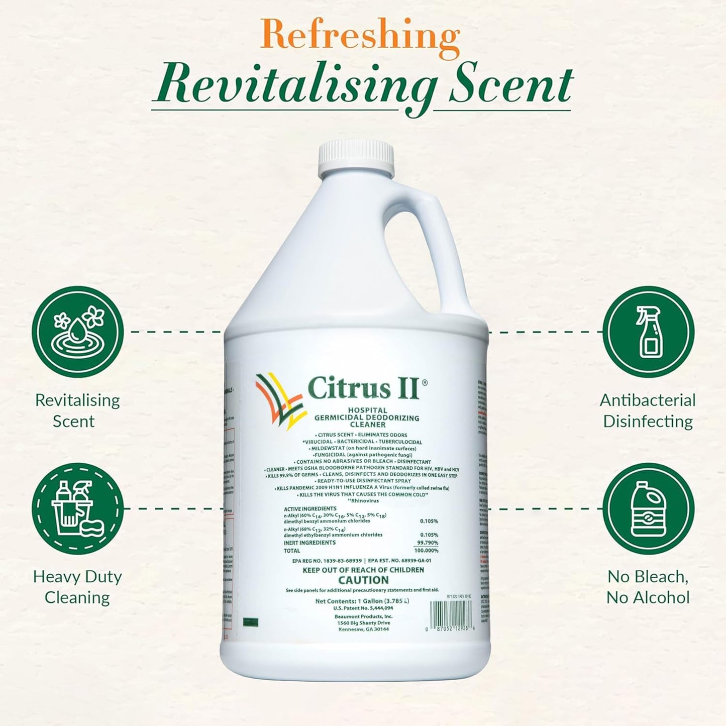 Citrus II Hospital Germicidal Deodorizing Cleaner - Fresh Citrus Scent - 1 Gallon - Refill - Disinfecting Cleaner for Home, Hospital and Office Areas
