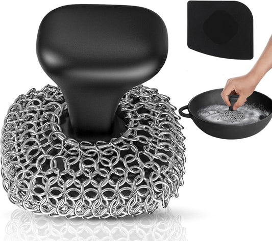 Cast Iron Scrubber | Dish Scrub Brush | 316 Cast Iron Cleaner Chainmail Scrubber for Pan Skillet Cleaner - Dish Scouring Pad Dishwasher Safe Cleaning Kit, Blue