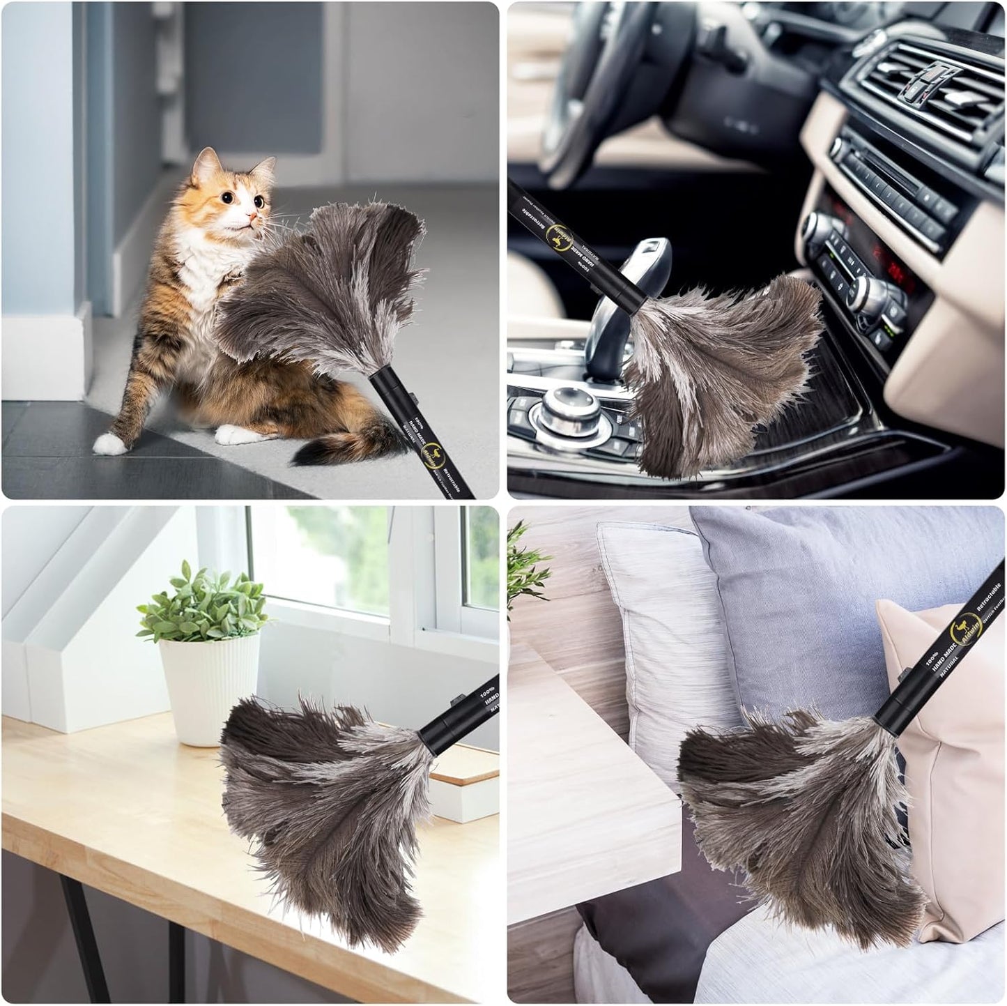 Aldwin Ostrich Feather Duster Retractable 2 Pack,16 inch Genuine Fluffy Natural Handheld Feather Dusters for Cleaning Supplies, Washable,Car, Office, Desk