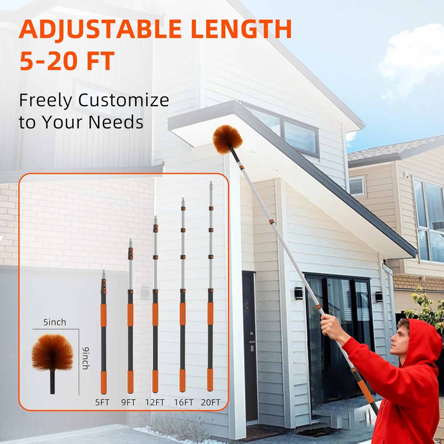 26 FT Cobweb Duster with Extension Pole, Cobweb Duster with 5-20FT Telescoping Extension Pole, Cleans Spider Webs, Washable & Reusable for High Ceilings, Fans & Outdoor & Indoor Cleaning