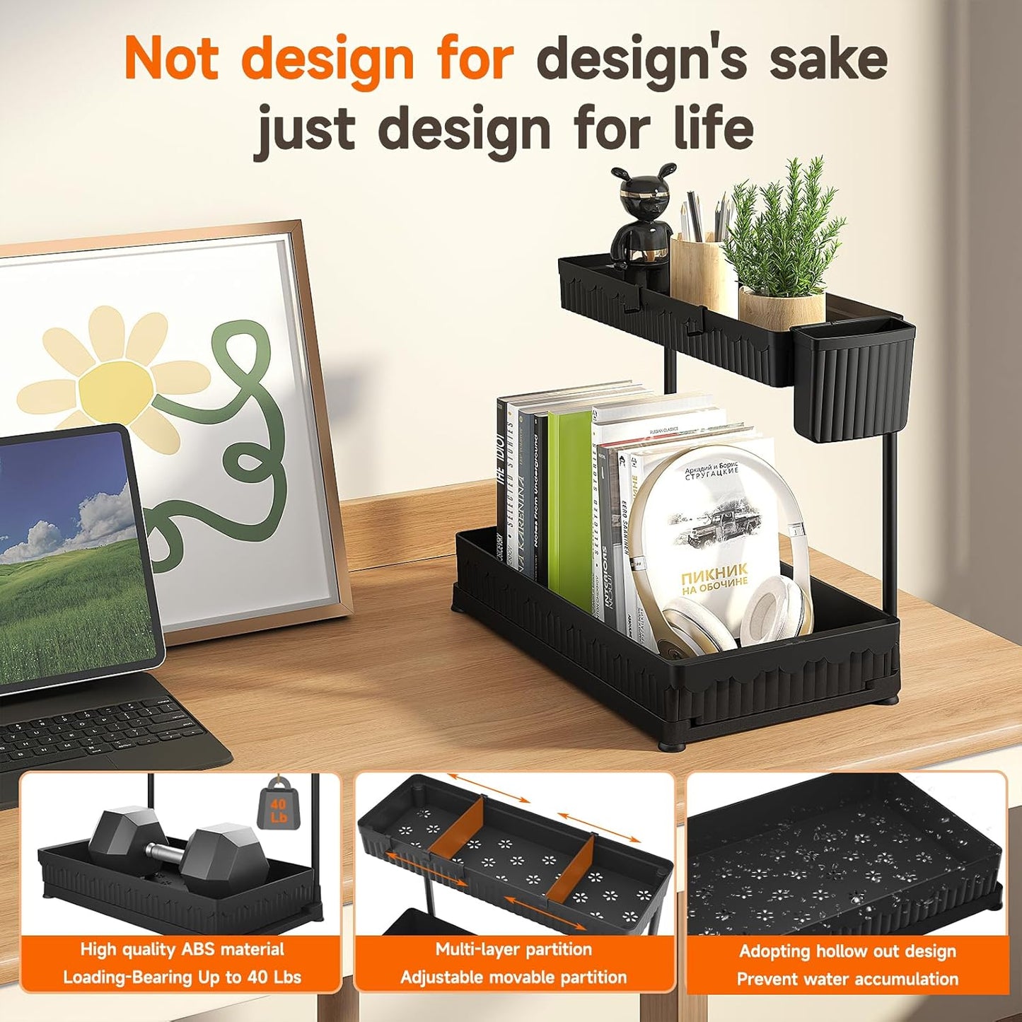 Sevenblue L-Shaped Pull-Out Storage Organizers, 3 Pack (Black, 12.85 inch)