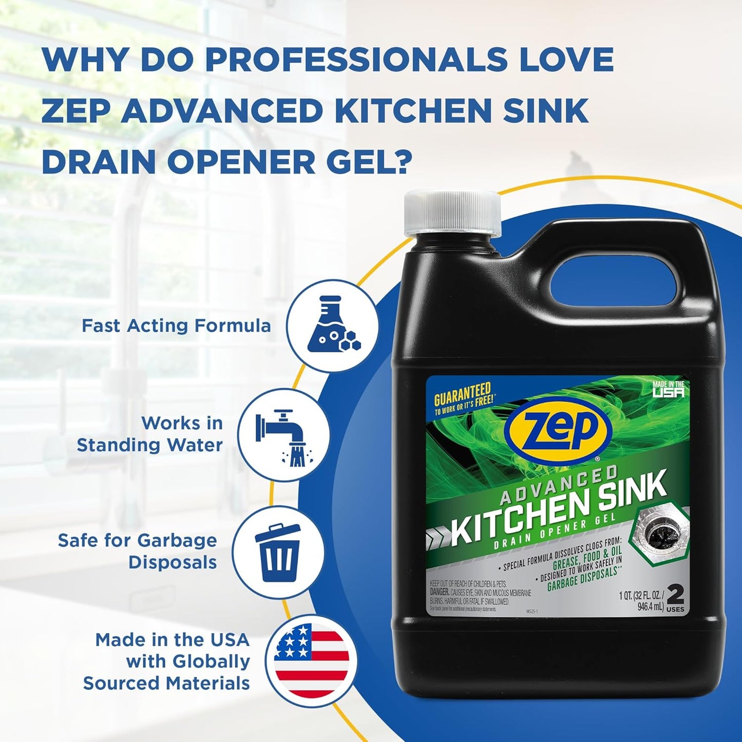 Zep Advanced Kitchen Drain Opener - 32 ounces - U49710 - Formulated for Grease, Food, and Oil-Safe for Garbage Disposal