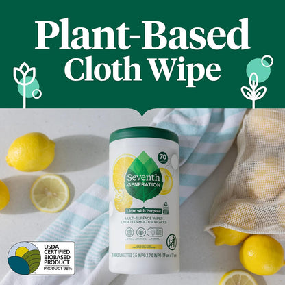 Seventh Generation Multi-Surface Wipes, 70 Count, Pack of 3, Garden Mint, Plant-Based Cleaning Wipes, No Harsh Fumes or Residue, Safe Around Kids