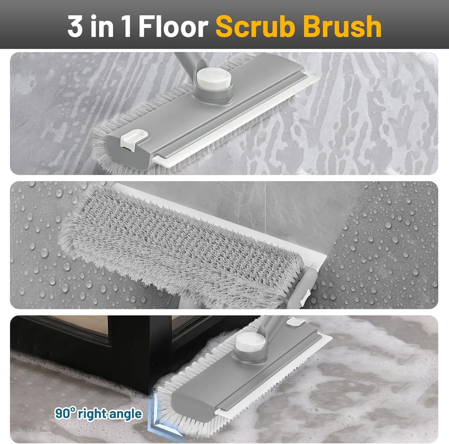 Floor Scrub Brush with Long Handle: 3 in 1 Heavy-Duty Floor Scrubber Brush with Squeegee for Cleaning Tile Bathroom Deck Kitchen Patio - Blue