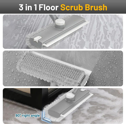 Floor Scrub Brush with Long Handle: 3 in 1 Heavy-Duty Floor Scrubber Brush with Squeegee for Cleaning Tile Bathroom Deck Kitchen Patio - Blue