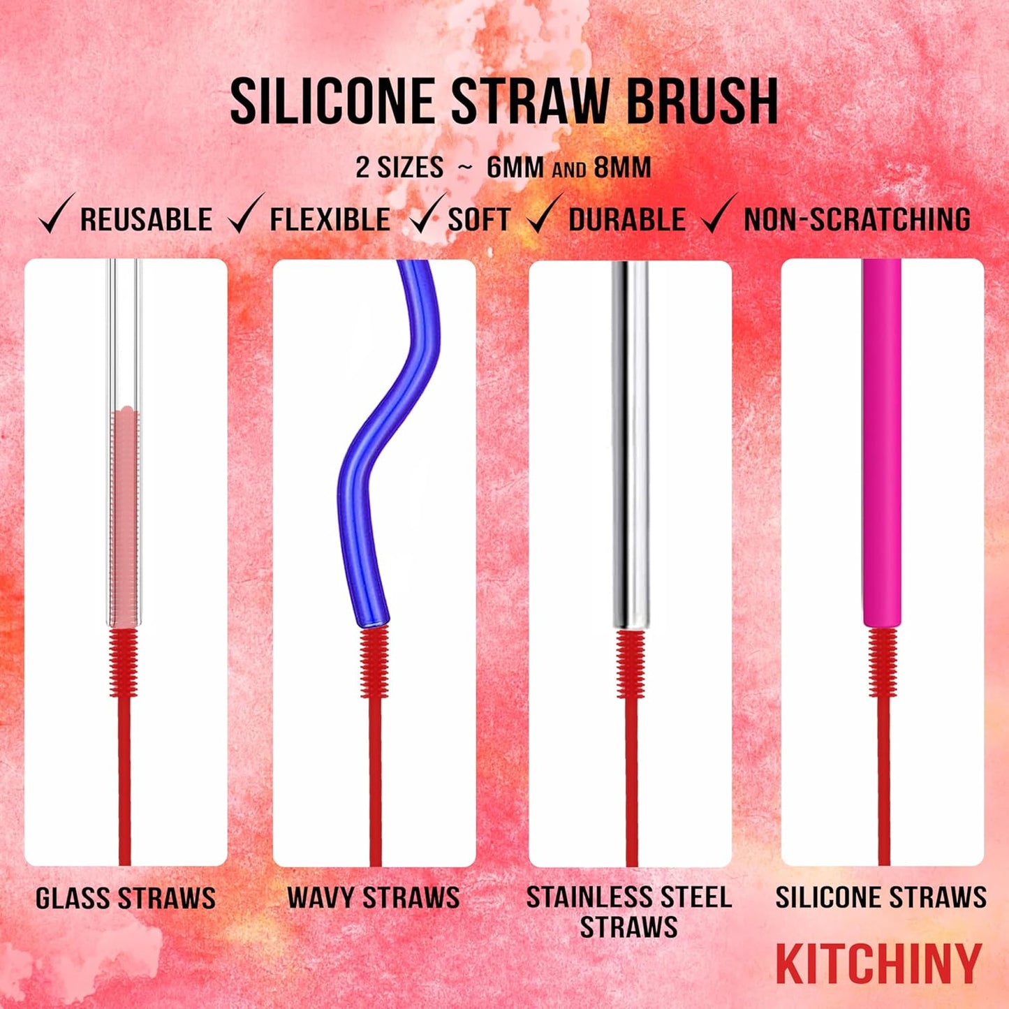 Kitchiny Silicone Bottle Brush with 2 Straw Cleaners - 12.5” Water Bottle Cleaner Brush for Yeti, Hydro Flask, Owala, Stanley, Baby Bottles, Glassware, Vases & Narrow Neck Containers - Grey