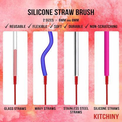 Kitchiny Silicone Bottle Brush with 2 Straw Cleaners - 12.5” Water Bottle Cleaner Brush for Yeti, Hydro Flask, Owala, Stanley, Baby Bottles, Glassware, Vases & Narrow Neck Containers - Grey
