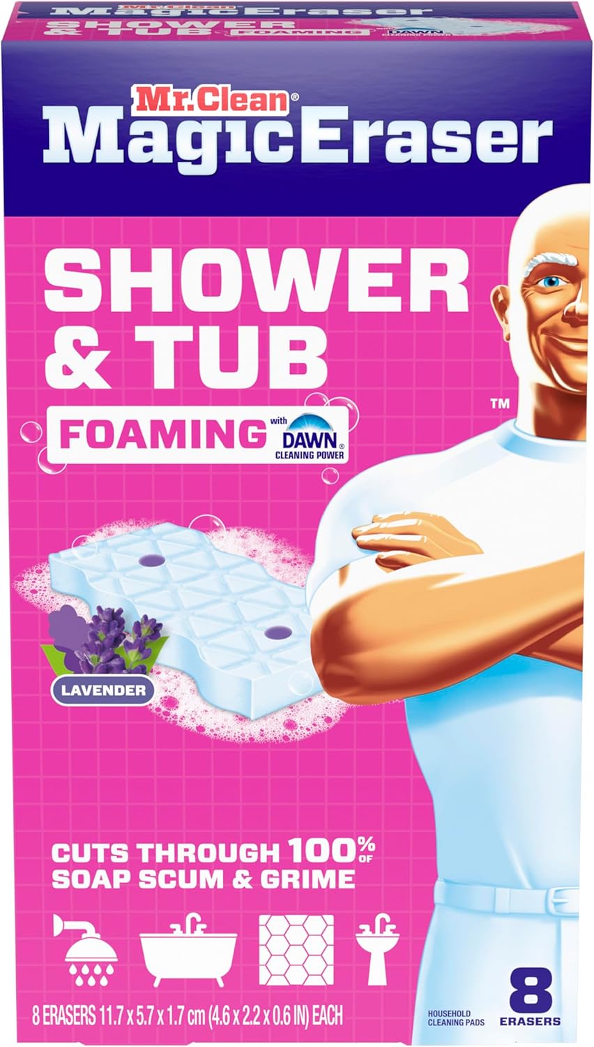 Mr. Clean Magic Eraser Sponge, Bathroom Cleaner, Shower Cleaner, Tub Cleaner, Soap Scum Remover, Bathroom Cleaning Supplies, Dawn Cleaning Power with Febreze Lavender Scent, 5ct