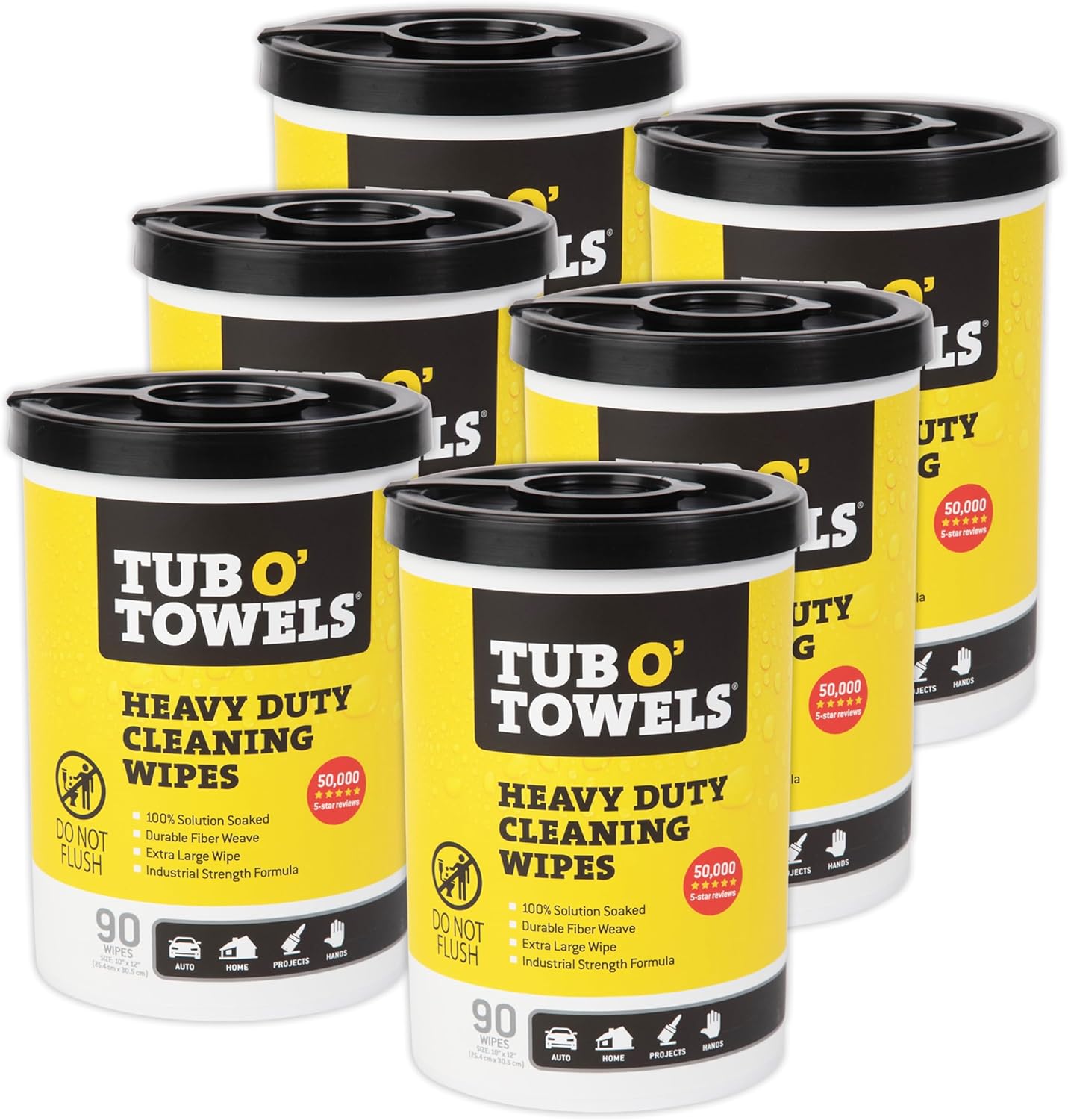 Tub O' Towels Heavy-Duty Multi-Surface Cleaning Wipes, 10" x 12", 90 Count Canister, Removes Grease, Grime, Tough Stains, Durable Disposable Wipes for Home, Garage, Outdoor Cleaning Tasks, 2-Pack