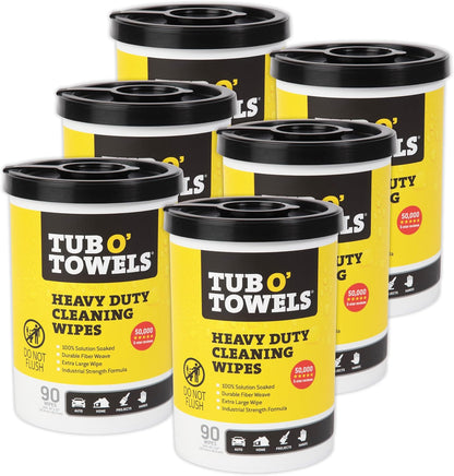 Tub O' Towels Heavy-Duty Multi-Surface Cleaning Wipes, 10" x 12", 90 Count Canister, Removes Grease, Grime, Tough Stains, Durable Disposable Wipes for Home, Garage, Outdoor Cleaning Tasks, 2-Pack