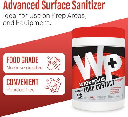 WIPESPLUS Cleaning Wipes All Purpose Food Contact - No Rinse, No Residue, Quick Dry Formula, Disinfecting Wipes For Restaurants, Foodservice, Schools - Canister, 100 Count