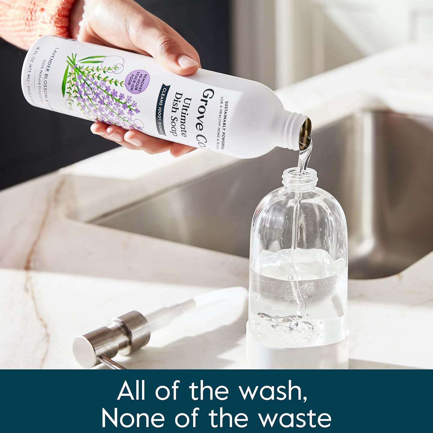 Grove Co. Ultimate Dish Soap Refills (3 x 16 Fl Oz) Removes 48-hr Stuck-on Food and Grease, Plastic Free Cleaning Products, 100% Natural Lavender Blossom & Thyme Fragrance, 1 pack