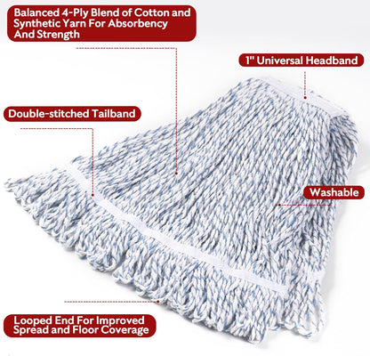 Matthew Cleaning Heavy Duty Mop Head Commercial Replacement for General and Floor Cleaning , Wet Industrial Blue Cotton Looped End String Head Refill (Pack of 6) Blue