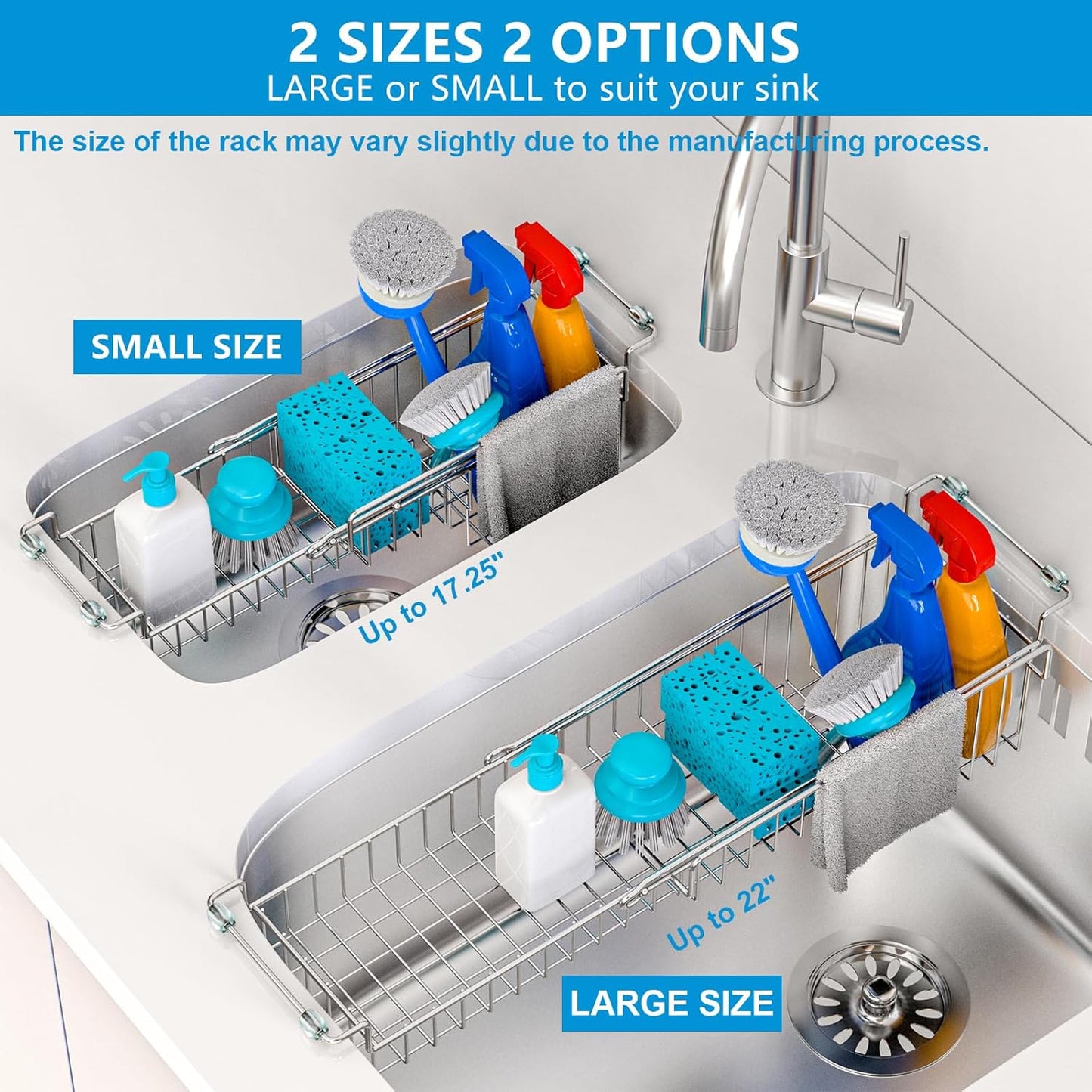 Over The Kitchen Sink Caddy Sponge Holder Organizer Drying Rack Expandable for Sponge Brush Soap Dish Cloth Rag 14.5" to 22", Stainless Steel