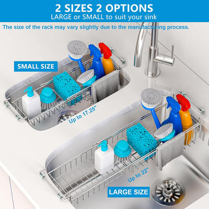 Dish Stands, Over The Kitchen Sink Caddy Sponge Holder Organizer Drying Rack Expandable for Sponge Brush Soap Dish Cloth Rag Smaller 12.25" to 17.25", Stainless Steel