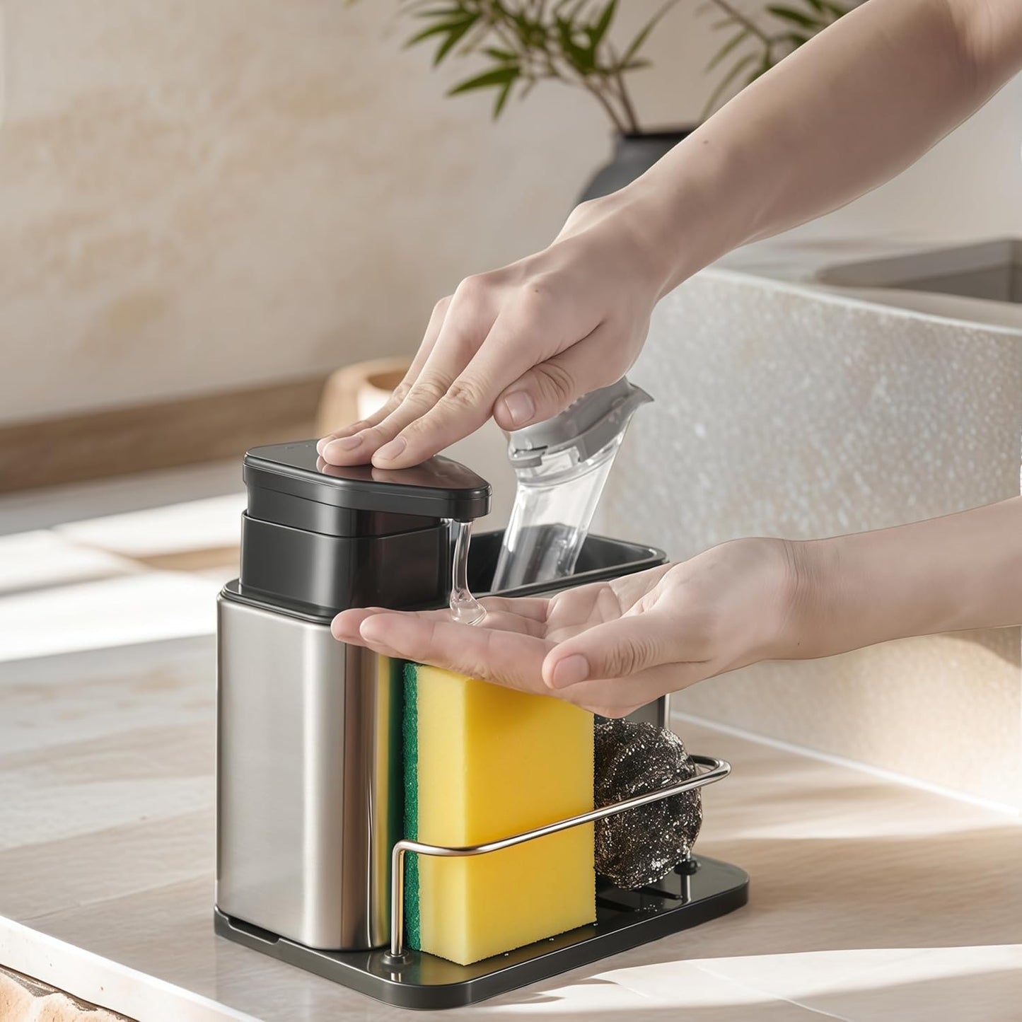 LIBODOUR Soap Dispenser for Kitchen & Bathroom Sink,3-in-1 Sponge Holder for Kitchen, Organizer Dish Soap Dispenser,Sink Caddy,Stainless Steel Dish Brush Scrubber with Sponge Holder